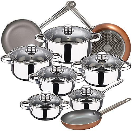 San Ignacio Bateria de cocina 12 piezas Cassel, acero inoxidable, con juego sartenes (18/22/26 cm) Optimum Plus en aluminio prensado, Cromado/Cobre