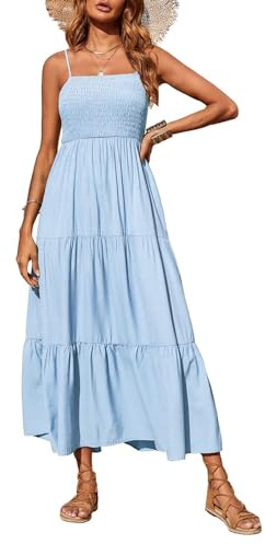 PRETTYGARDEN Women's Summer Maxi Dress 2026 Casual Boho Sleeveless Spaghetti Strap Smocked Tiered Long Beach Vacation Sundresses (Blue,M)