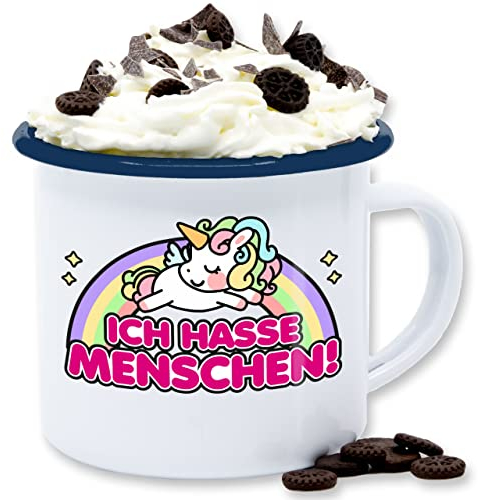 Emaille Tasse Blechtasse - Statement - Ich hasse Menschen - Einhorn - 300 ml - Weiß Blau - statements i hat people frohes neues jahr new year mit