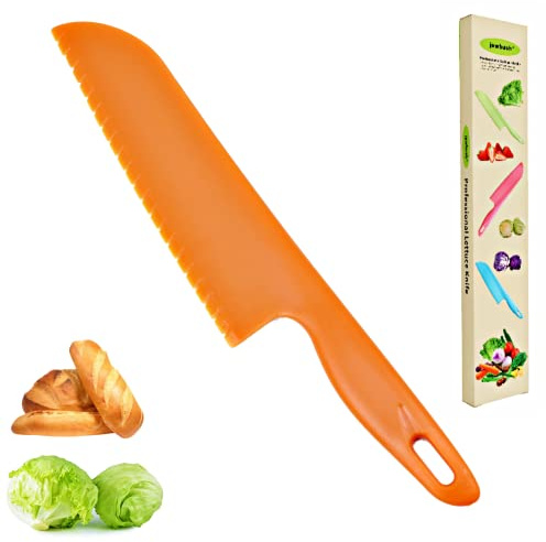 11 Plastic Serrated Bread Cutter to Cut Veggies, Salad, Cake or Brownies, Professional Lettuce Knife to Prevent From Turning Brown, Nylon Knife for Nonstick Pans, Durable and BPA free, Orange
