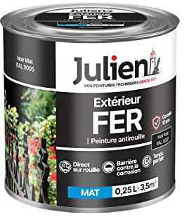 Julien Peinture Fer Anti-Rouille Mat - Portes, grilles, portails, mobilier de jardin en métal - Noir Mat 0,25 L