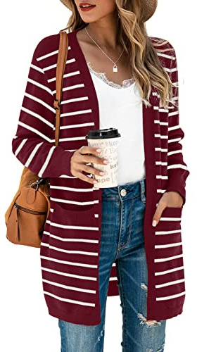 TASAMO Women's Loose Open Front Long Sleeve Multiple Color Knit Cardigans Sweater Blouses with Pockets(X-Large,Red White Stripe)