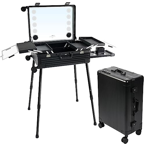 EBANKU Kosmetikkoffer Trolley Schminkkoffer, 24in PC Rolling Makeup Train Case Professionelle Künstler Kosmetik Organizer mit Spiegellichtern Nail Tech Organizer Storage, 4 Display-Tasten (Schwarz)