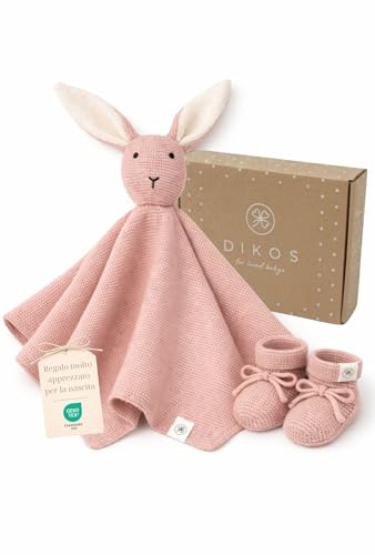 DIKOS Babygeschenk zur Geburt – Geschenkset mit Kuscheltuch & Babysocken | Schmusetuch HASE (40×40 cm) & Stricksocken für Neugeborene – Premium Babyset – kuschelweiche Bio-Baumwolle (OEKO-TEX 100)