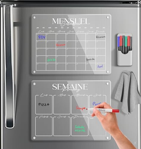 SKYCROO ® Calendrier Magnetique Frigo Transparent x2 + Accessoires - Planificateur Hebdomadaire + Mensuel Aimanté Planning Semaine Tableau Magnétique Organisateur Familial Planner Semainier Effacable