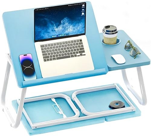 Blisswood Folding Laptop Table, Bed Desk With Foldable Legs & Cup Slot, Laptop Tray For Bed, Sofa Breakfast Folding Table Lap Desk Notebook Stand for Reading Writing Working (Blue)