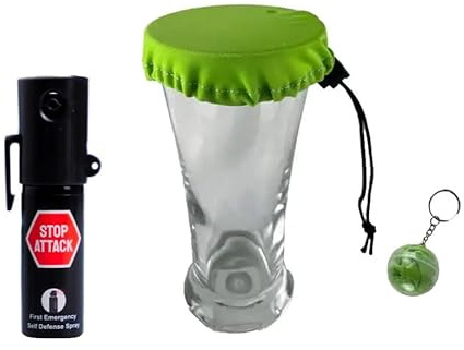 Skydds-Cup-skyddspaket för glas (grönt). Anti-drog med nyckelring, för fester och festivaler + StopAttack 15 ML anti-aggressionsspray - Pelta Defense. Stärk din säkerhet med fullständig diskretion.