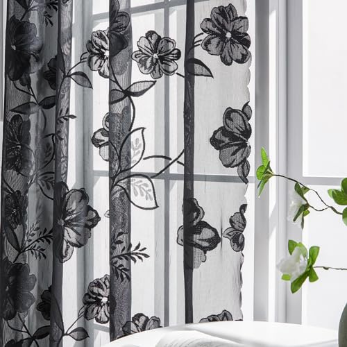 Treatmentex Spitze Vorhang Jacquard Gardinen mit Ösen Schwarze 3D Blumenmuster Halbtransparente Vorhänge Vintage Romantisch Dekoschal Ösenvorhänge für Wohnzimmer, Schwarz, 2 Stücke, 140×145CM(B×H)