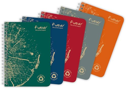 Forever 68446C Lot de 5 Carnets à Spirale 100% Recyclés (une Marque de Clairefontaine) - A6 10,5x14,8 cm - 120 Pages Détachables Lignées - Papier Recyclé Blanc 90 g - Couverture Carte Recyclée
