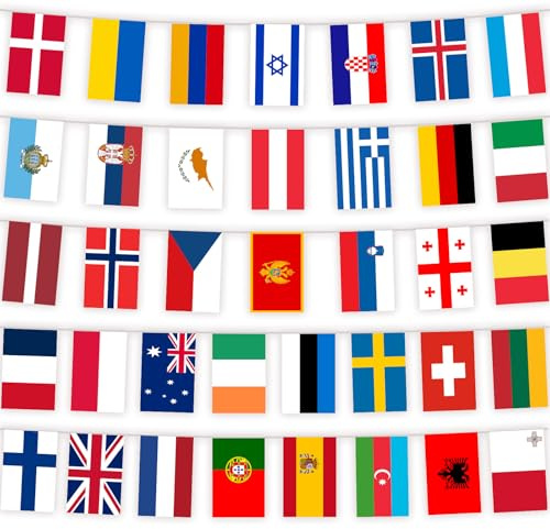 YOFANUP Eurovision Wimpelkette, Eurovision Partydekorationen, Eurovision 2026, 35 Nationen – 12 m lang, doppelseitige Flaggen, wasserdicht, Flaggen für Bar, Club, Garten und Schulparty (1 Stück)