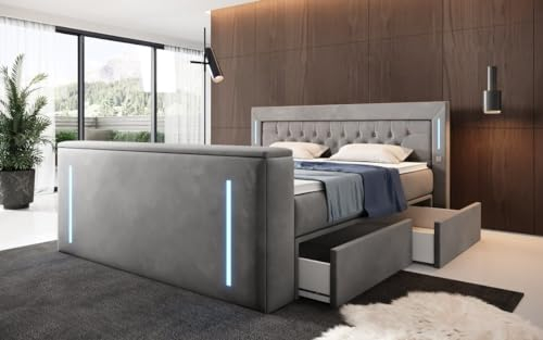 Boxspringbett Divaneo 180x200 Doppelbett Polsterbett Bett mit TV Lift und Stauraum (2 Schubladen) | Bezug: Samt | Farbe: Grau | Härtegrad: H4 (100kg+)