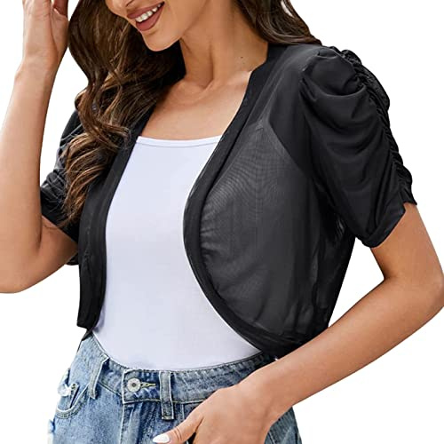Bolero Donna Festive Volant Manica Corta In Chiffon Bolero Giacca Estiva Giacca Trasparente Open Frontale Cardigan Leggero Top Corto Per Abito Da Sera Abito Matrimonio Elegante Bolero, Nero , M