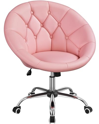 Yaheetech Schreibtischstuhl Schminktisch Stuhl, Homeoffice Stuhl, Bürostuhl, höhenverstellbar Bürosessel mit Getuftetem Sitz, Runder Drehstuhl mit Rollen, Arbeitsstuhl aus Kunstleder, Rosa
