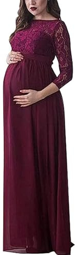 Fiacafyo Maternity Dress for Photography Solid Color Lace Off Shoulder Chiffon Gown Split Front Maxi Pregnancy Dresses for Photoshoot (A-Red, L)
