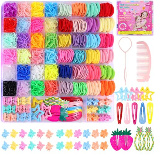 Funtopia - Accesorios para el cabello para niñas: juego de lazos elásticos coloridos y pinzas para el pelo, 1246 bandas de goma con lazos de algodón para bebés