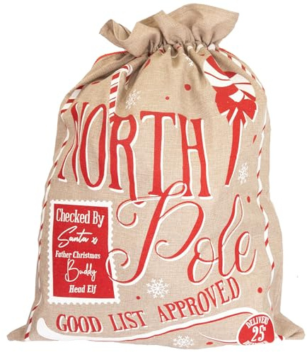 SHATCHI Saco Extra Grande de 60 x 78 cm, arpillera del Polo Norte, Bolsa de Regalo con cordón, Accesorios de Navidad, Revisado por Papá Noel, L
