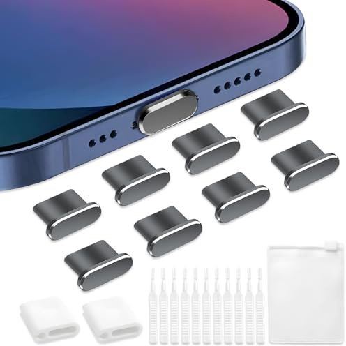 VEINARDYL 8 pcs Dust Plug for iPhone, USB C Charging Port Protector Cap with 10 Cleaning Brush, Headphone Jack Dust Plug Charger Cover compatible with iPhone 15/16 Plus Pro Max iPad 10th/ Air-grey