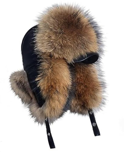 Damen Fliegermütze mit Schirm Mütze ECHTFELL Braun mit Leder Pilotenmütze Hat Real Leather Fur Trappermütze Brown Echt Fell Pelzmütze Fellmütze Uschanka Russian Hat