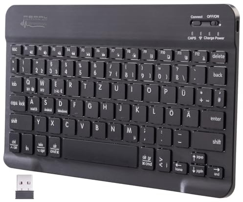 GeneralKeys Tastatur, Bluetooth: Kompakte Multi-Device-Akku-Funktastatur mit Bluetooth, Scissor, QWERTZ (Tablet Tastatur, Funk, BT)