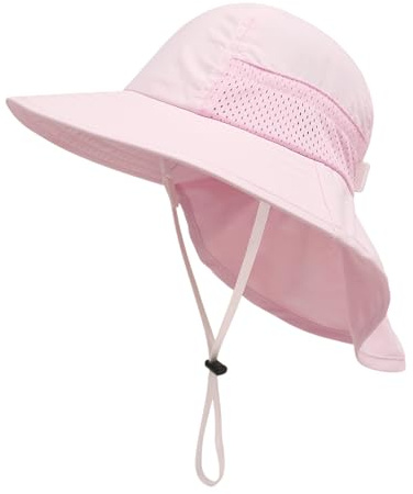 Culinavog Sun Hat, 1 Piece Wide Brim Summer Cap with Adjustable Chin Strap for Kids, Breathable Beach Cap with Neck Flap for Outdoor, 46 to 50 cm, Summer Hat for Toddler, Children, Girls (Pink)
