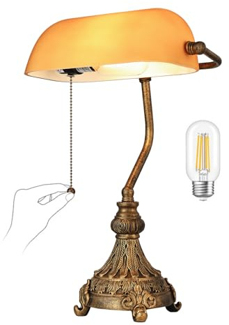 Newrays Amber Glass Bankers Desk Lamp for Home Office,Library with Pull Chain Switch Plug in Fixture, LED Bulb Included