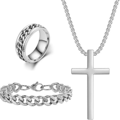 Kreuzkette Herren Kreuz kette, Edelstahl Männer Anhänger Kreuz Halskette | Herrenarmbänder Ringe Set, Herren Silber Kette, Geschenke für Männer Fraun