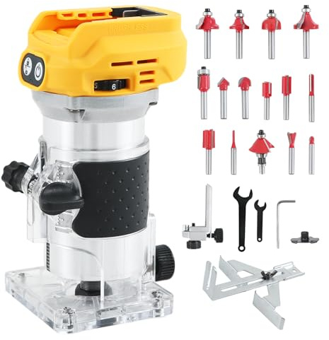 Outil de défonceuse à bois sans fil compatible avec batterie Dewalt 20 V, 6 vitesses 800 W 30 000 tr/min avec 15 embouts de défonceuse de 6,35 mm pour le travail du bois, rainurage (batterie non