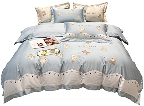 Pequeño sábana de Cama de algodón Australiano Fresco Conjunto de Cuatro Piezas Cute Oso Bordado de algodón Puro Cubierta nórdica década de Cama Doble (Color: a, tamaño: 1.5m) (A 1.8m)