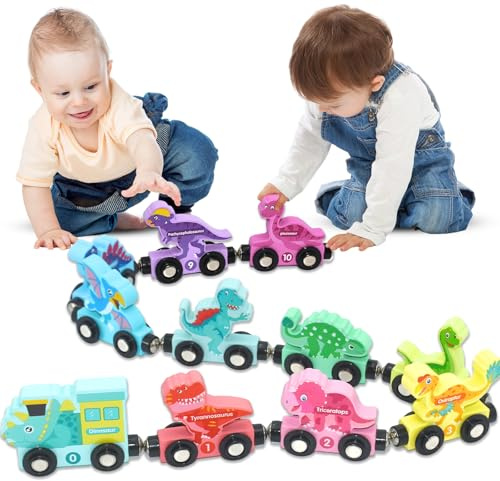 LXBCTOP Montessori leksak från 2 3 år, dinosaurie-tågleksak, magnetiska träleksaker, järnväg, barn, trätåg från 2 år, tränarset, gåva 2–3 år, pojke och flicka