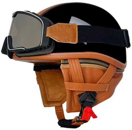 Casco Moto Retrò Stile Tedesco Pelle Retrò Casco Scodella Uomo Donna Con Occhiali Casco Da Motociclista Mezzo Casco Omologato ECEDOT Caschi Demi-Jet Caschi Cromwell 11,M:57-58CM