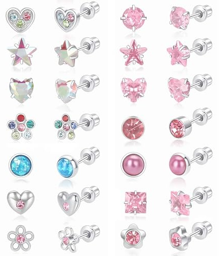 14 Pairs 316L Steel Hypoallergenic Cartilage Earrings Flat Back Set Girls | Sleeper Earrings Set, CZ Ball Heart Flower Studs, Screw Back, Teen Toddler Children Women, Hypoallergenic Jewelry