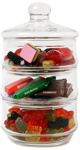 Bonboniere Glas mit Deckel – Vorratsglas 2- & 3-stöckig stapelbar – Glasbehälter für Süßigkeiten, Kekse, Pralinen, Snacks – Glas-Gebäck-Etagere, Aufbewahrungsglas Küche & Deko (3-stöckig Ø12xH23cm)