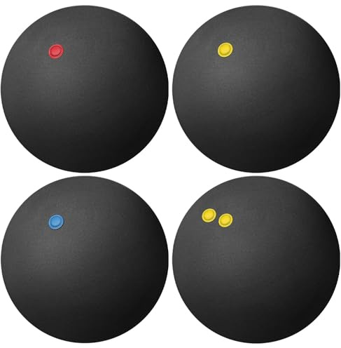 NUOBESTY 4 Pack Squash Balls, Single Blue Red Yellow & Double Yellow Dot Rubber Ball Set, Professional Training Racquetball for Beginner to Advanced Competition, Sports Accessories