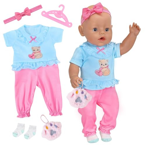 5 Pcs Puppen kleidung für 36-43 cm New Born Baby Puppen, Pink Blaue Bären Puppenkleidung Outfits mit Strampler Socken Schleife Haarband Kleiderbügel Bär, 14-17 Zoll Puppenzubehör Geschenke Mädchen