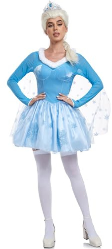 YOSICIL Elsa Schneekönigin Kleid für Damen Erwachsene gefroren Kostüm mit Krone Umhang Cinderella Fancy Dress Up set Tüllkleid für Geschenk Halloween Fasching Verkleidung Cosplay, Blau, XL