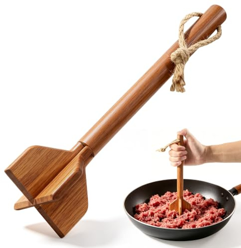 Teak Wood Meat Masher with 4 Blades, 11-Inch Ground Beef Chopper, Handheld Shredder Utensil for Kitchen Mashed Hamburger Potato Vegetable Puree