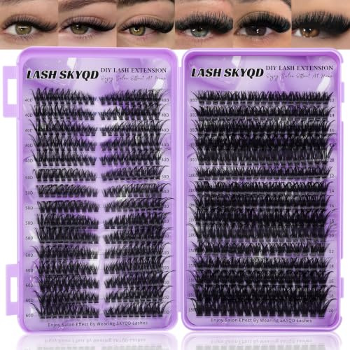 LASH SKYQD 570Pcs Cluster Lashes 40-150D Cat Eye Lash Clusters D Curl Fluffy Individual Eyelashes 12-20mm Manga Eyelash Extensions Soft False Eyelashes DIY at Home (40-60D Cat Eye+80-150D)