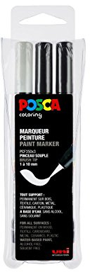 Uni-Ball Posca 181604 - Rotulador con Punta de Pincel (3 Unidades), Color Blanco y Negro