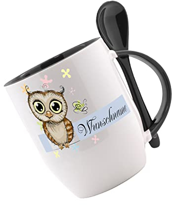 Tasse mit Löffel - Löffeltasse mit Wunschname - Eule - Kaffeetasse mit Motiv, Bürotasse, bedruckte Tasse mit Sprüchen oder Bildern - auch individuelle Gestaltung nach Kundenwunsch