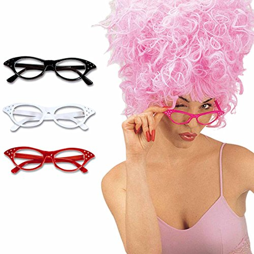 Amakando Katzenauge Brille Vintage Partybrille pink Rockabilly Faschingsbrille 51er Jahre Spaßbrille Rock'n'Roll Karnevalsbrille Fünfziger Funbrille Grease Kostümbrille