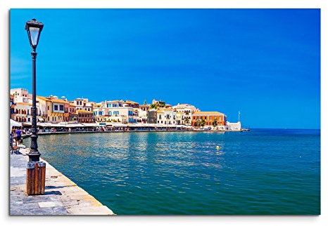 Sinus Art Wandbild 120x80cm Landschaftsfotografie – Hafen in Chania, Kreta, Griechenland auf Leinwand für Wohnzimmer, Büro, Schlafzimmer, Ferienwohnung u.v.m. Gestochen scharf in Top Qualität