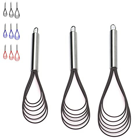 Fruste piatte in acciaio inox, confezione da 3 pezzi, 25,4 cm + 27,9 cm + 30,5 cm, set di 6 robuste testine in silicone antiaderente, frusta per frullare, mescolare, mescolare, cucinare, colore grigio