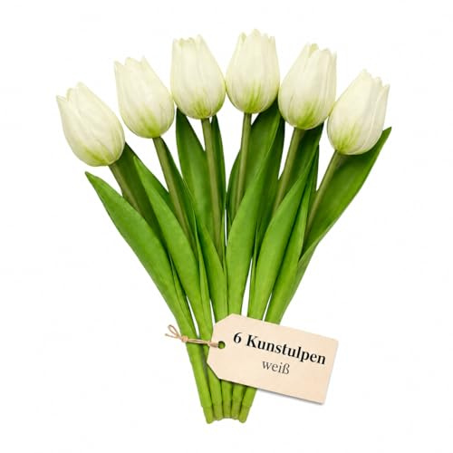 MIJOMA Künstliche Tulpen – realistisch wirkende Kunstblumen mit biegsamen Stielen für Vase, Tischdeko, Zuhause, Feier und Hochzeit - 6 Stück - Länge 19cm, weiß