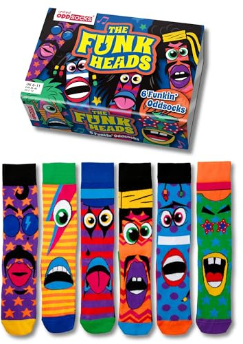 United Oddsocks The Funk Heads Geschenkbox, 6 bunte Funky Odd Socks | Herren, Mix & Match Socken im 70er-Look, lustige Geschenkidee für Geburtstag, oder Vatertag, EU 39–46, UK 6–11, US 7–12