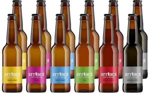 Cerveza Artesana Arriaca Pack Degustación De Todo un Poco (12 Botellas x 33cl) 2 RUBIA + 2 TRIGO + 2 TOSTADA + 2 IPA + 2 IMPERIAL RED IPA + 2 IMPERIAL RUSSIAN STOUT