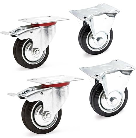 Wiltec Set rotelle da trasporto 75 mm 2 ruote piroettanti con freno 2 fisse, nucleo in metallo, max 50 kg a ruota