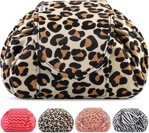 Lazy Drawstring Makeup Bags, Large Capacity Waterproof Travel Portable Cosmetic Bag Pouch Makeup Pouch Storage Organiser for Women Girl (Yellow Leopard)