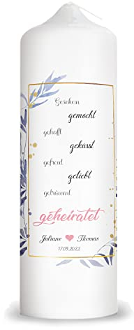 GRAVURZEILE Bedruckte Kerze - Gesehen gemocht gehofft - Personalisiert mit Namen, Datum & Wunschtext - Geschenk für Paare zur Hochzeit zum Valentinstag - Hochwertige Stumpenkerze Weiß 250/80 mm