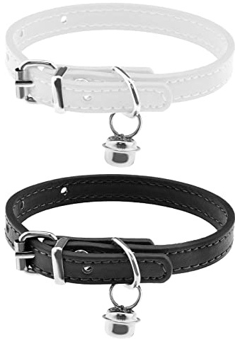 Katzenhalsband mit Glocke aus PU-Leder, bequeme Kätzchenhalsbänder für 15 ~ 23 cm, Halsgröße, verstellbar, für kleine Tiere, Zubehör, 1 cm breit, Schwarz und Weiß, 2 Stück