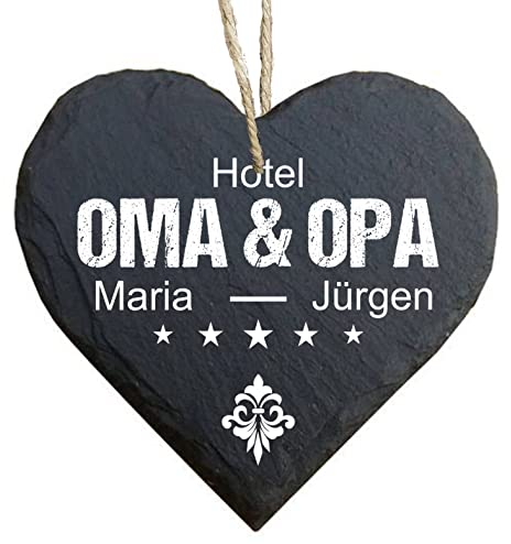 homeyourself - Schieferherz Schiefer Schild personalisiert mit Druck/Wunschtext - Hotel Oma und Opa - dein Text - individualisiert